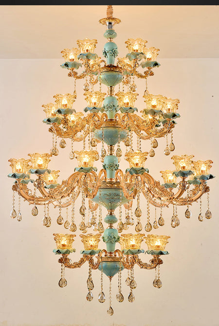 Chandelier European Style Duplex Building Crystal Lamp Ceramic Three-Story Staircase Villa Chandeliers