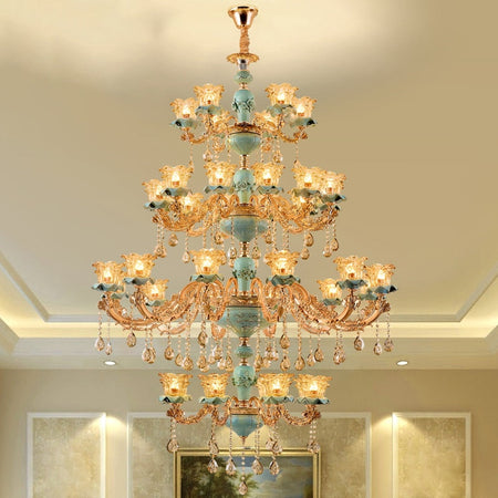 Chandelier European Style Duplex Building Crystal Lamp Ceramic Three-Story Staircase Villa Chandeliers